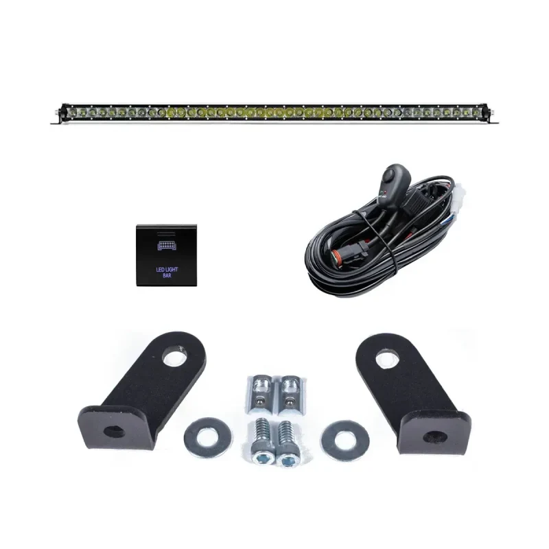 Cali Raised 40in Cutout Prinsu Roof Rack 42in Amber Led Light & Brckt Kit w/ Sq. Blue Backlit Swtch - product image